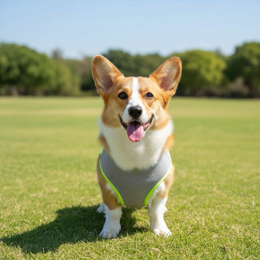 Dog wearing gray and neon green cooling vest outdoors