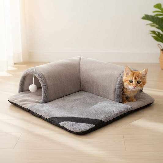Small cat poking its head out from inside the gray L-shaped pet tunnel with white pom-pom toys and plush mat base