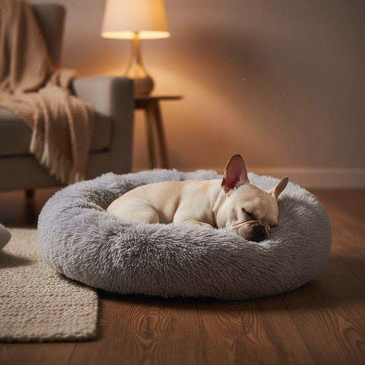 Dog sleeping in the Cloud Nine round fluffy gray plush donut pet bed