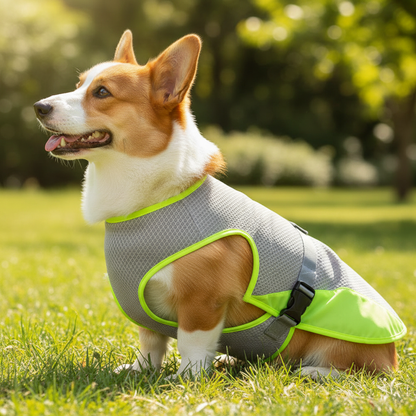 Close-up side view of Corgi wearing gray and neon green cooling vest showing product detail