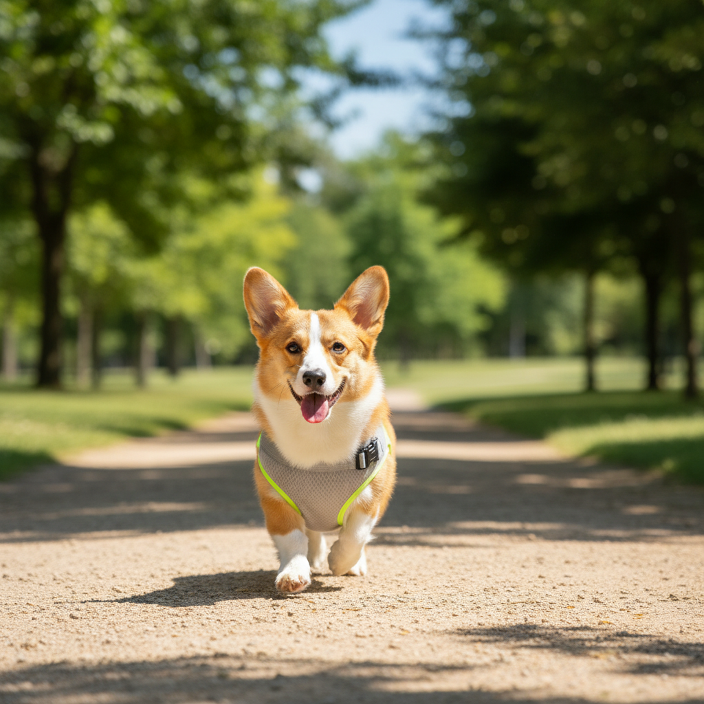 Corgi wearing gray and neon green cooling vest trotting on sunny park trail