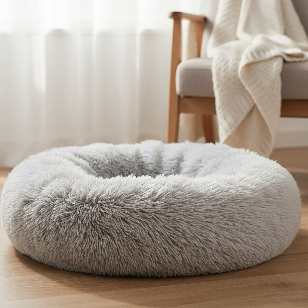 Close-up of light gray ultra-plush donut pet bed showing soft fluffy texture and raised rim