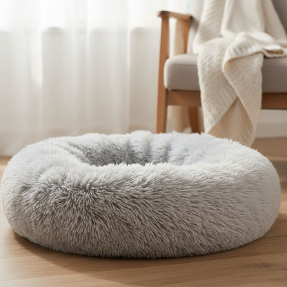 Close-up of light gray ultra-plush donut pet bed showing soft fluffy texture and raised rim