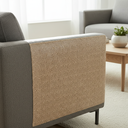 Close-up of beige textured self-adhesive furniture scratch protector mat applied to modern sofa panel
