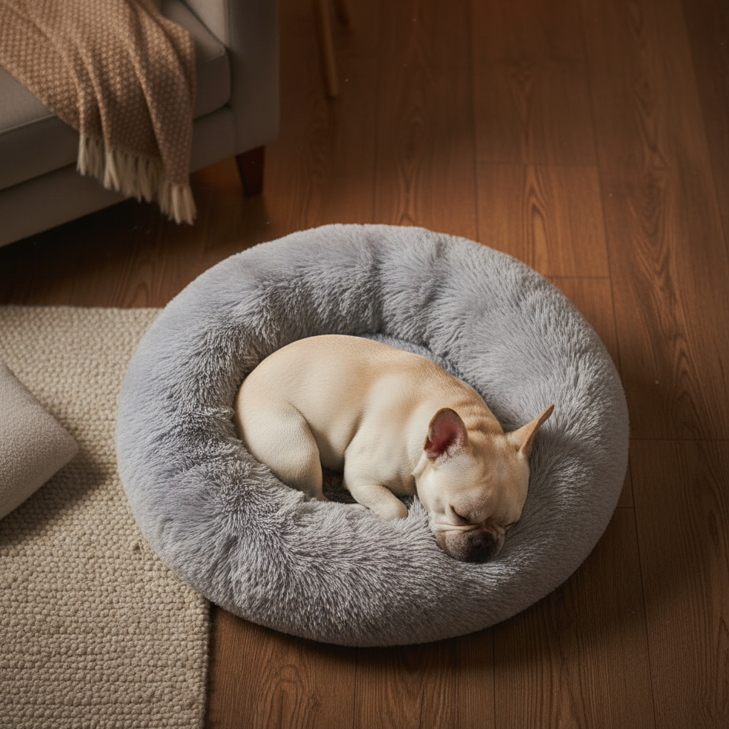 Overhead top-down view of French Bulldog curled up in light gray plush donut pet bed