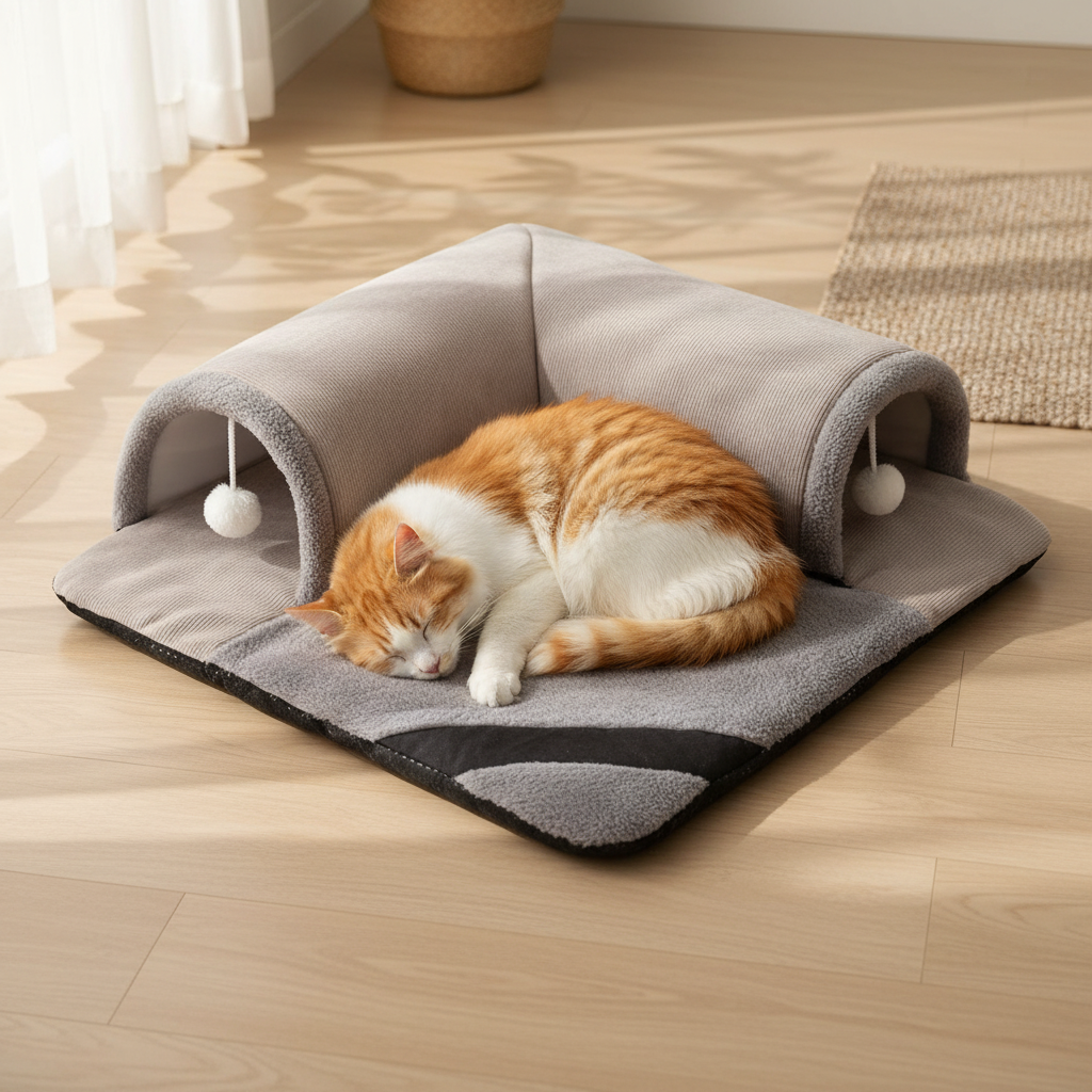 Cat napping on the soft gray plush mat base of the L-shaped pet tunnel